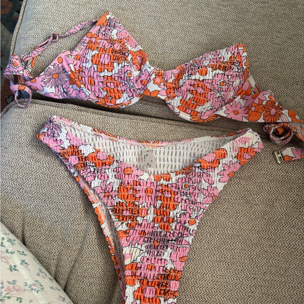 SHEIN Pink & Orange Floral Smocked Bikini Set